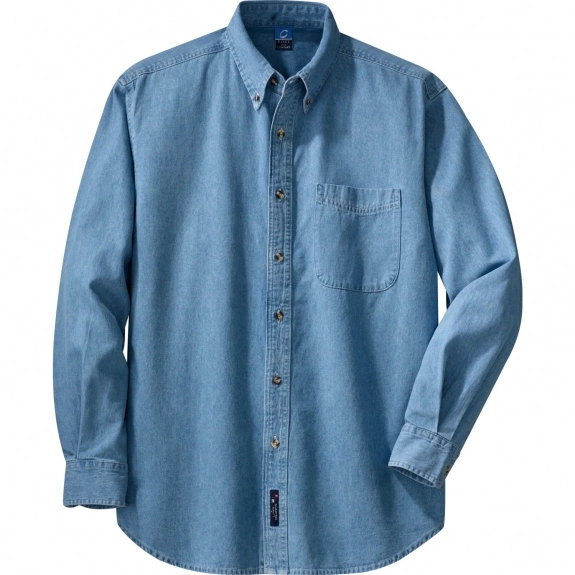 Faded Blue Port & Company Long Sleeve Value Denim Logo Shirt