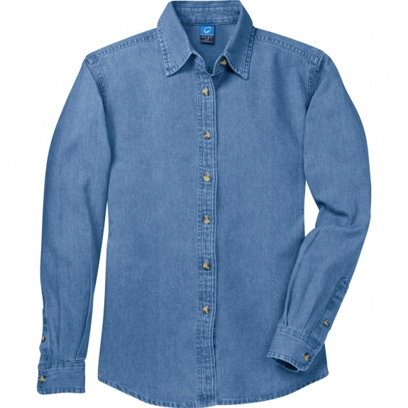 Faded Blue Port & Company Long Sleeve Value Denim Logo Shirt - Women's