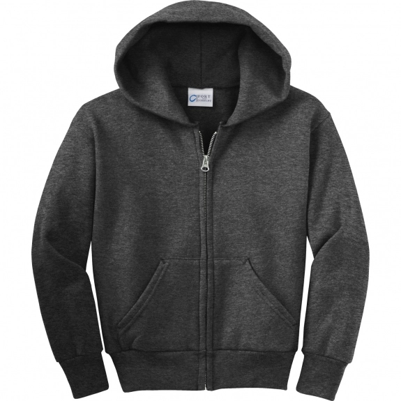 Dark Heather Grey Port & Company Full Zip Custom Hooded Sweatshirt - Youth 