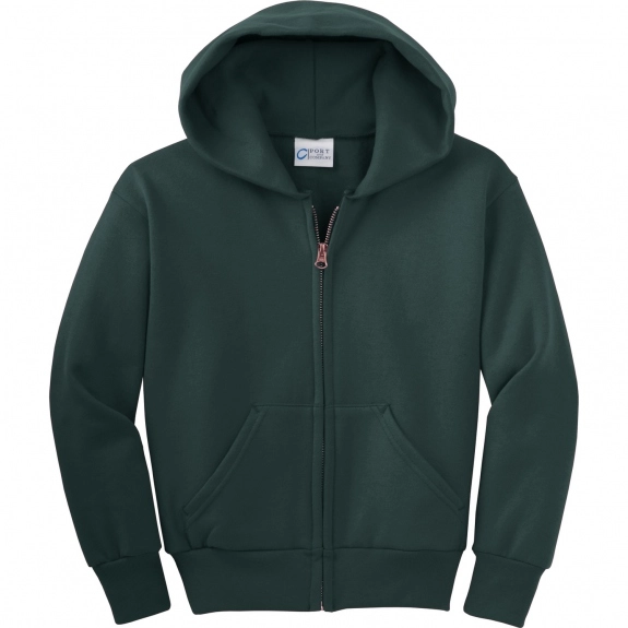Dark Green Port & Company Full Zip Custom Hooded Sweatshirt - Youth - Color