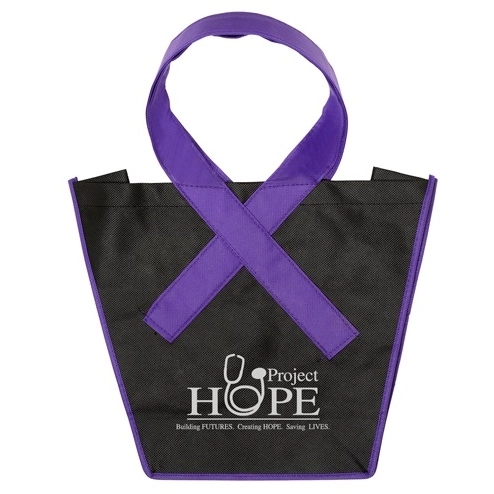 Black / Purple Awareness Ribbon Handle Custom Tote Bag - 15"w x 12"h x 5"d