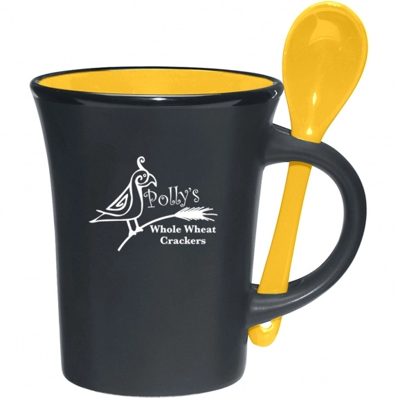 Yellow Matte Black Promotional Ceramic Mug w/ Built-in Spoon - 10 oz.