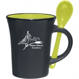 Lime Green Matte Black Promotional Ceramic Mug w/ Built-in Spoon - 10 oz.