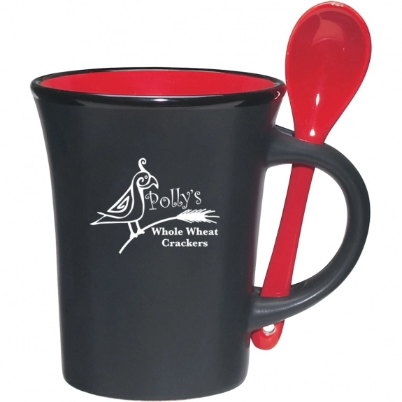Red Matte Black Promotional Ceramic Mug w/ Built-in Spoon - 10 oz.