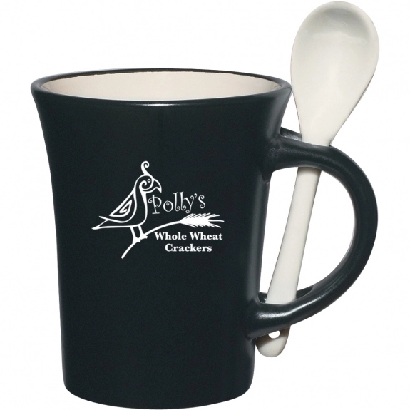 White Matte Black Promotional Ceramic Mug w/ Built-in Spoon - 10 oz.