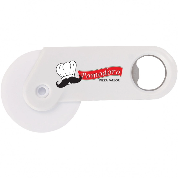 White Full Color Promotional Pizza Cutters w/ Bottle Opener