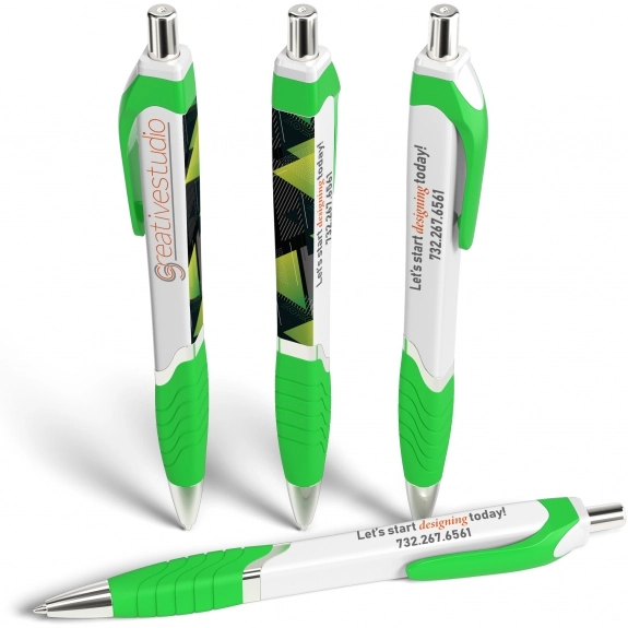 White / Green - Full Color Tri-Ad Promotional Click Pen w/ Grip