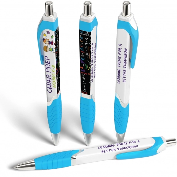 White / Light Blue - Full Color Tri-Ad Promotional Click Pen w/ Grip