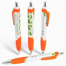 White / Orange - Full Color Tri-Ad Promotional Click Pen w/ Grip