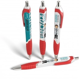 White / Red - Full Color Tri-Ad Promotional Click Pen w/ Grip
