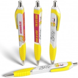 White / Yellow - Full Color Tri-Ad Promotional Click Pen w/ Grip