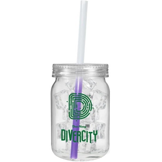 Frosted to Purple Plastic Custom Mason Jar with Color Changing Mood Straw -
