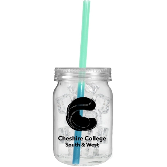 Green to Blue Plastic Custom Mason Jar with Color Changing Mood Straw - 24 