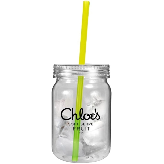 Yellow to Green Plastic Custom Mason Jar with Color Changing Mood Straw - 2