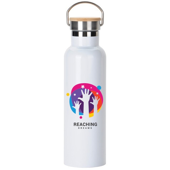 White Full Color Promotional Water Bottle w/ Bamboo Lid - 20 oz.