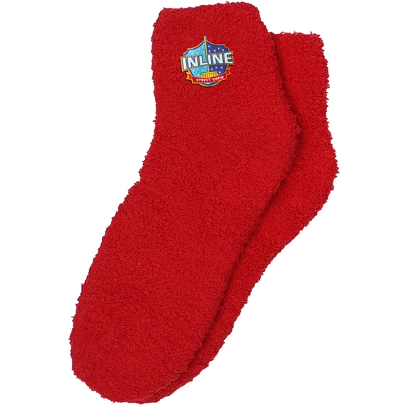 Red Promotional Fuzzy Socks w/ Woven Patch
