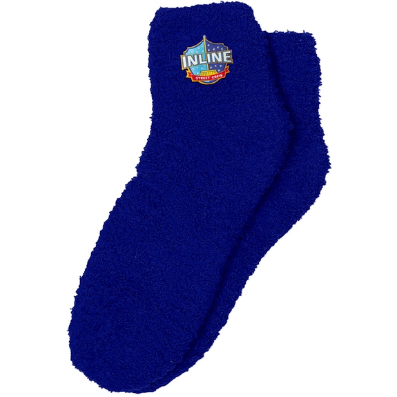 Royal blue Promotional Fuzzy Socks w/ Woven Patch