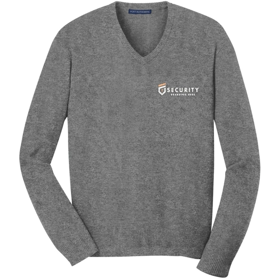 Grey Heather Port Authority Fine-Gauge V-Neck Custom Sweater