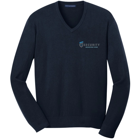 Navy Blue Port Authority Fine-Gauge V-Neck Custom Sweater