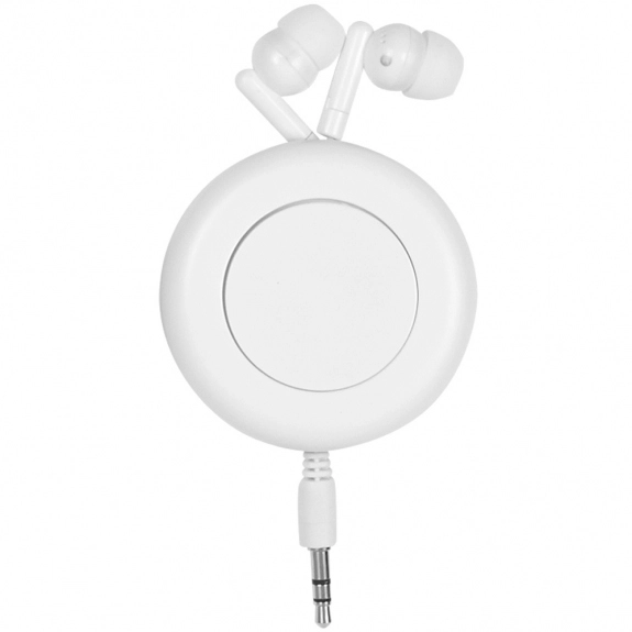 White Retractable Imprinted Ear Buds 