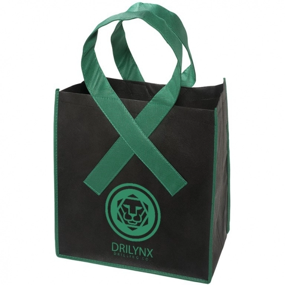 Black / Green Awareness Ribbon Handle Custom Tote Bag - 12.5"w x 13.5"h x 8