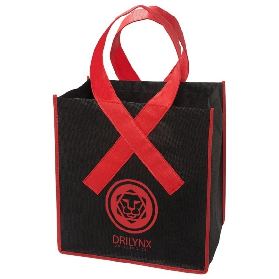 Black / Red Awareness Ribbon Handle Custom Tote Bag - 12.5"w x 13.5"h x 8.5