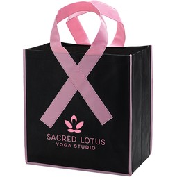 Black/Pink Awareness Ribbon Handle Custom Tote Bag - 12.5"w x 13.5"h x 8.5"