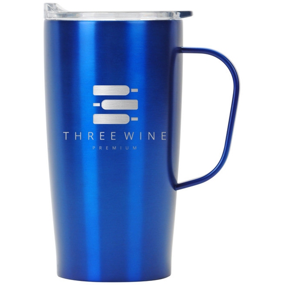 Blue Laser Engraved Stainless Steel Promotional Travel Mug w/ Metal Handle