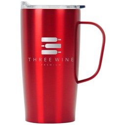 Red Laser Engraved Stainless Steel Promotional Travel Mug w/ Metal Handle