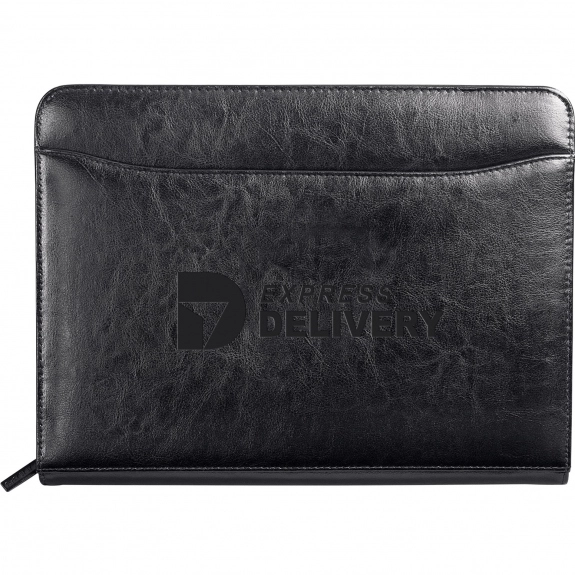 Black Renaissance Leather Zippered Promotional Padfolio - 13.38"w x 10"h