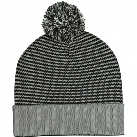 Gray/Black - Two-Tone Striped Knit Pom Custom Beanie w/ Cuff
