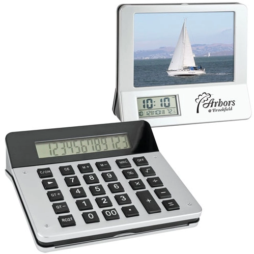 Silver 3-in-1 Promotional Calculator Picture Frame & LCD Digital Clock