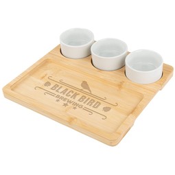 Bamboo Engraved Serving Tray w/ Ceramic Bowls