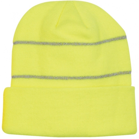 Neon Yellow Embroidered Promotional Knit Beanie w/ Reflective Stripes