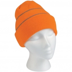 Neon Orange Embroidered Promotional Knit Beanie w/ Reflective Stripes