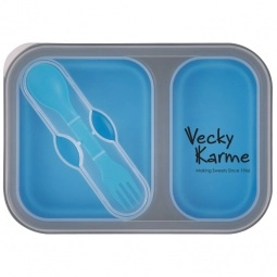 Blue Collapsible Logo Food Container with Dual Utensil