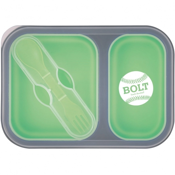 Green Collapsible Logo Food Container with Dual Utensil