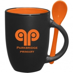 Black/Orange Two-Tone Ceramic Custom Mugs w/ Spoon - 12 oz.