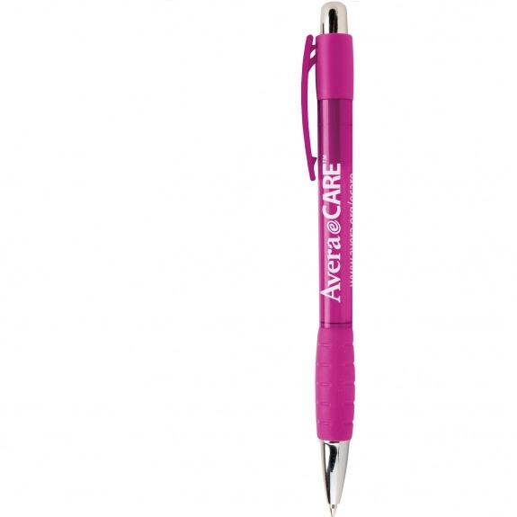 Pink - Translucent Promotional Ballpoint Pen w/ Rubber Grip