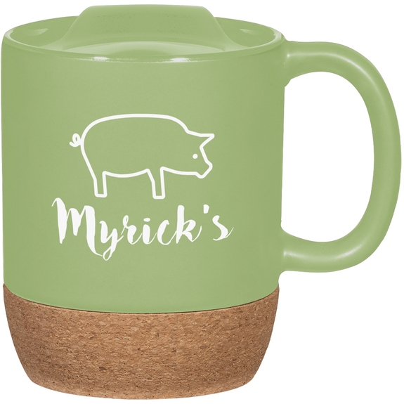 Lime Green Cork Base Ceramic Custom Mug w/ Lid - 14 oz.