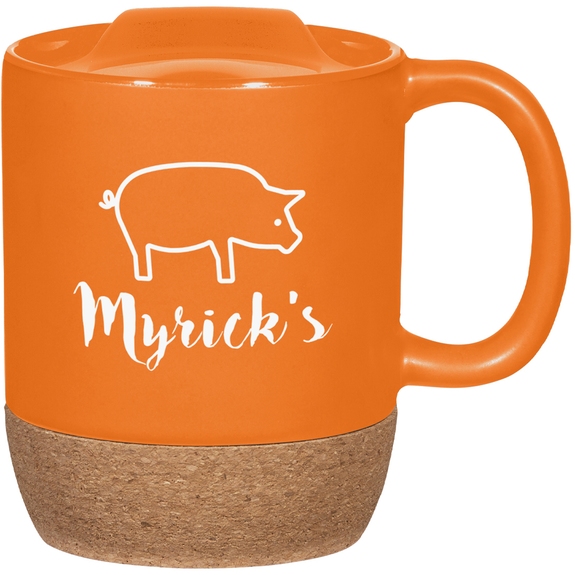 Orange Cork Base Ceramic Custom Mug w/ Lid - 14 oz.