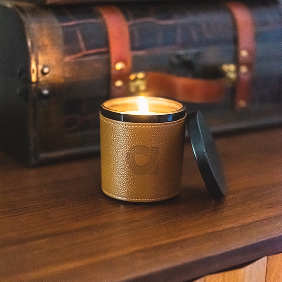 Lifestyle - Scented Soy Wax Custom Candle w/ Leatherette Sleeve
