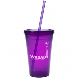 Trans Purple Flexible Double Wall Promotional Tumbler with Straw - 16 oz.
