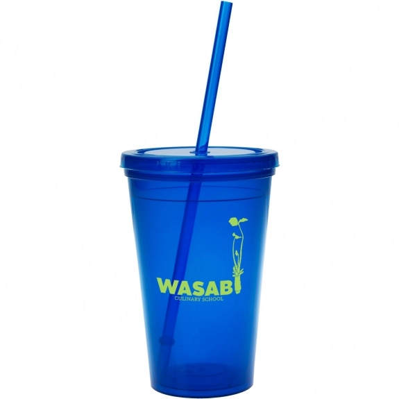 Trans Blue Flexible Double Wall Promotional Tumbler with Straw - 16 oz.