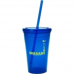 Trans Blue Flexible Double Wall Promotional Tumbler with Straw - 16 oz.