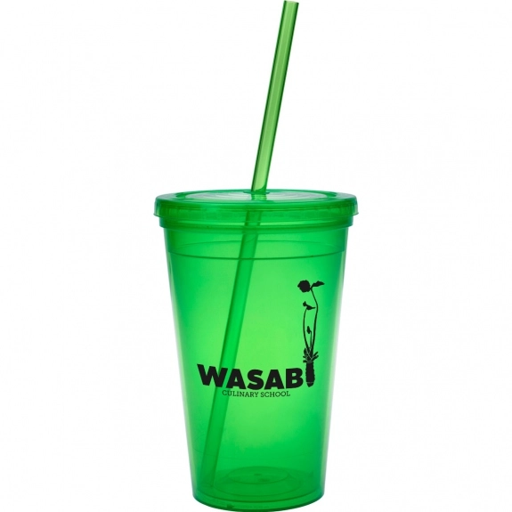 Trans Green Flexible Double Wall Promotional Tumbler with Straw - 16 oz.