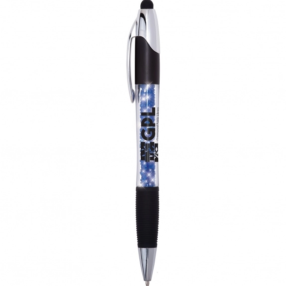 Blue Crystal Light-Up Stylus Custom Pens w/ Ribbed Rubber Grip