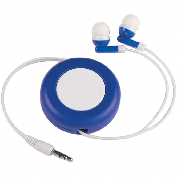 Blue Retractable Imprinted Ear Buds Cord Out
