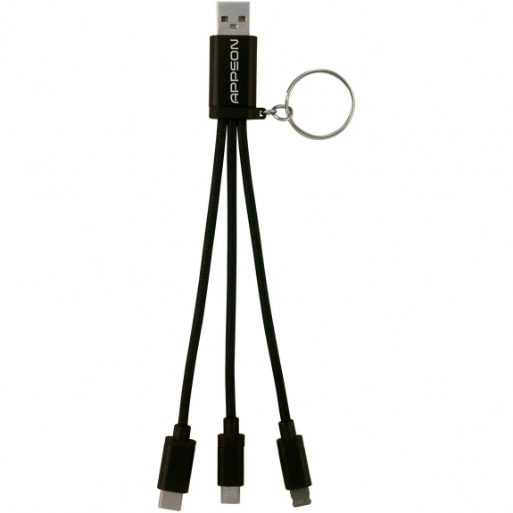 Black - Metallic Braided 3-in-1 Custom Charging Cable Keychain
