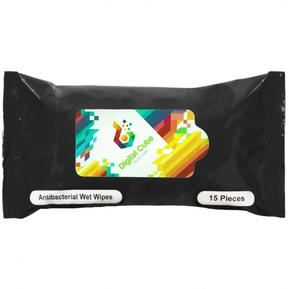Black Full Color Custom Antibacterial Wipes w/ Resealable Pouch – 15 count